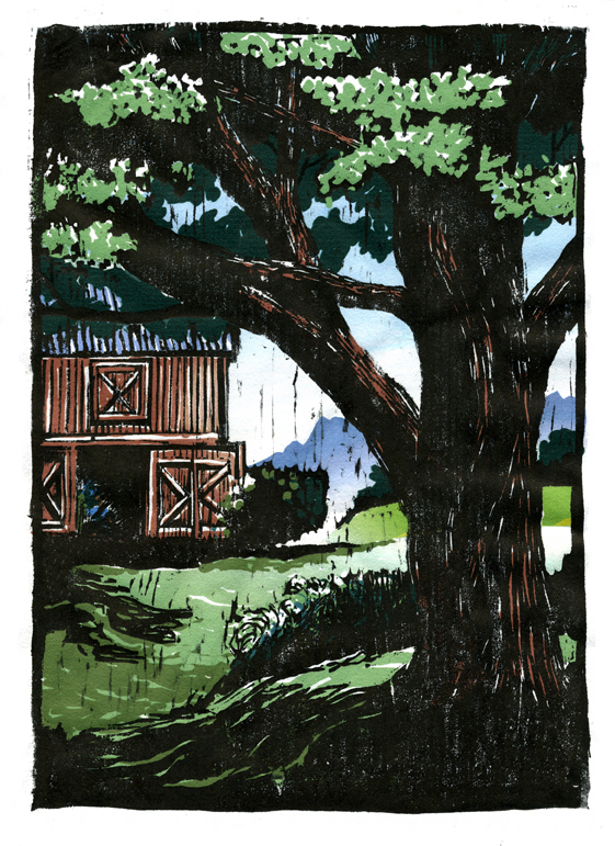  Color woodcut illustrating back of an old farmhouse with big tree, meadow and mountain the background in Dutchess County, NY 