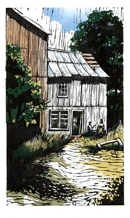 Color woodcut illustrating back of an old farmhouse with a shed in Dutchess County, NY 