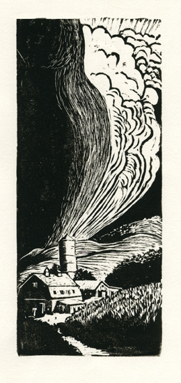 Woodcut illustrating a cloud buildup over a farm nestled in corn fields and hills in Dutchess county, NY.