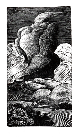 Wood engraving illustrating clouds buildup over Dutchess county landscape with fields meadows and hills in NY.