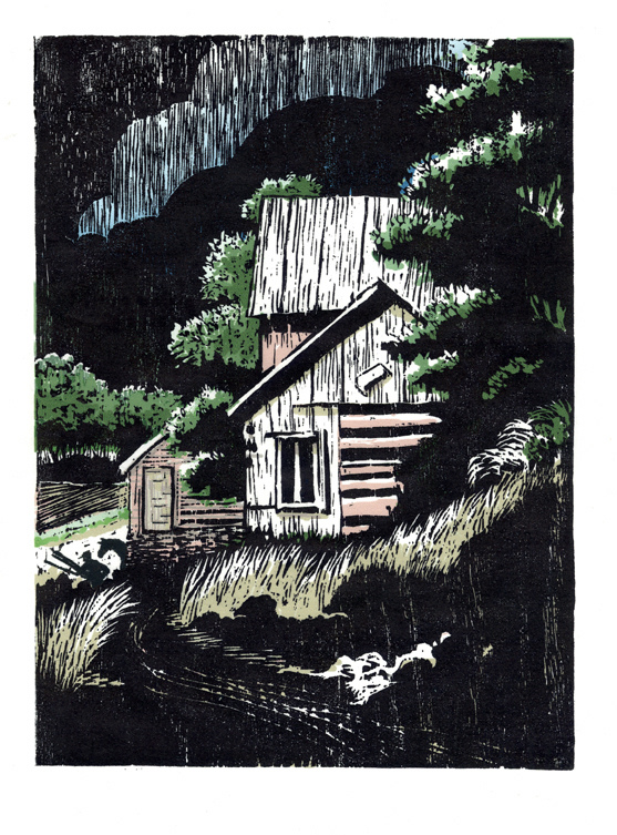 Color woodcut illustrating old farmhouse in forest setting in Dutchess County, NY