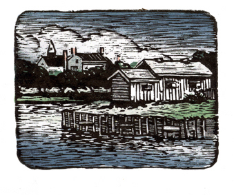 Color Woodcut illustrating house on a river edge with mansion in the background.