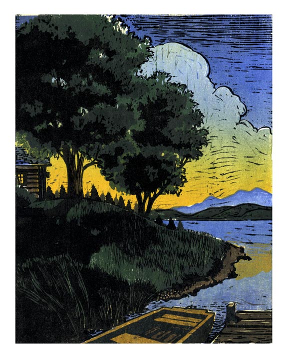 Multi plate color woodcut illustrating Sunset over a lake with towering clouds over  mountains and in the foreground dock and boat in Dutchess County, NY 