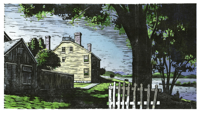 Color woodcut illustrating a mansion overlooking the Hudson River with shady trees and mountains in the background in Mid Hudson valley, NY.