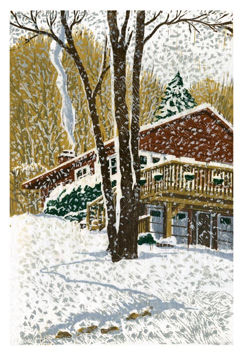 Multi plate color woodcut illustrating snow falling over a house covered with snow in a forest in Dutchess County, NY