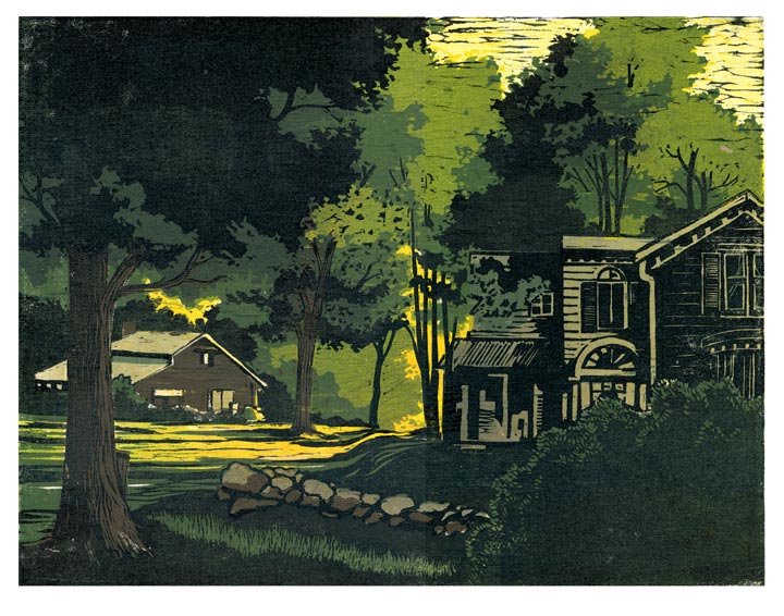 Multi plate color woodcut illustrating a Houses in a forest with sunset evening light poring through the trees in Dutchess County, NY