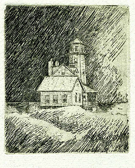 Etching illustrating a light house off Long Island Sound, New York with sand dunes and dark sky.