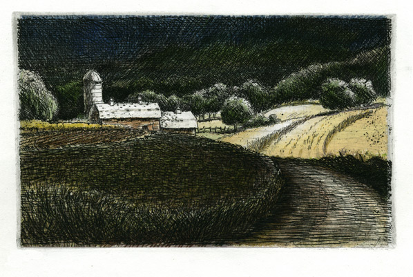 Color etching illustrating farm in fields of corn with forest in the background in Dutchess County, NY.