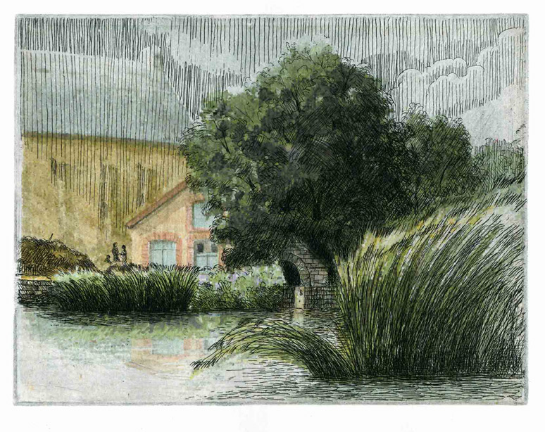 Color etching, illustrating an old mill-house on a pond with old tree and reeds, Mid-Hudson valley, NY.    