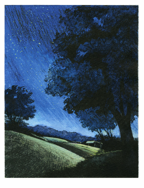 Color etching illustrating a moonlit landscape with trees, hills and mountains under starry sky in Dutchess County, NY.