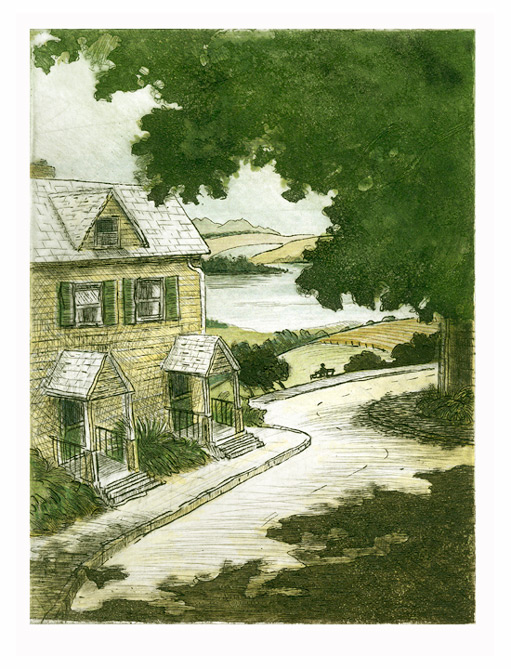 Color etching illustrating a house on a shady street overlooking the Hudson river with fields and mountains in the background in Mid-Hudson valley, NY. 