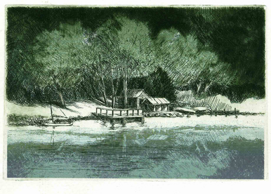 Color etching illustrating camp and dock on a lake in Dutchess County, NY