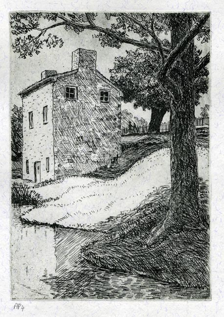 Etching illustrating an old canal house in Maryland with trees and reflecting pond.