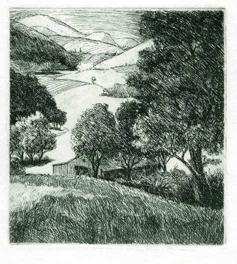 Etching, Landscape illustrating valley woodland and mountains of Duthchess county, NY