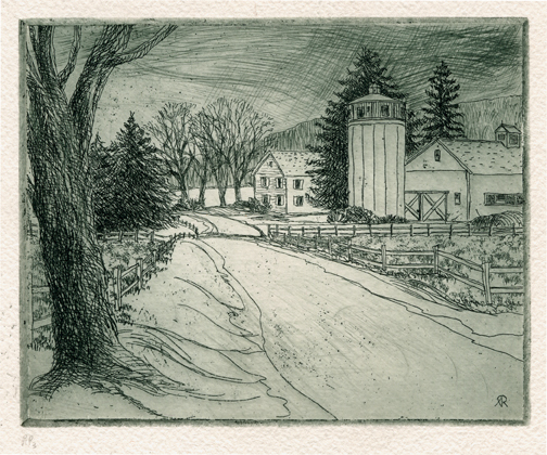 Etching illustrating country road bordered with fences and trees, featuring farm and a farm house in Dutchess County, NY.