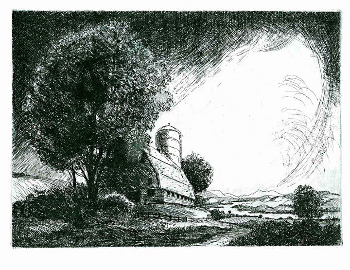 Etching illustrating a farmhouse and trees overlooking the Hudson River under a stormy sky.