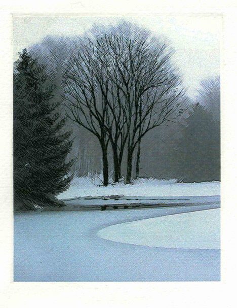 Color Etching illustrating a wintry scene of frozen pond add trees engulfed in fog in Dutchess County, NY.