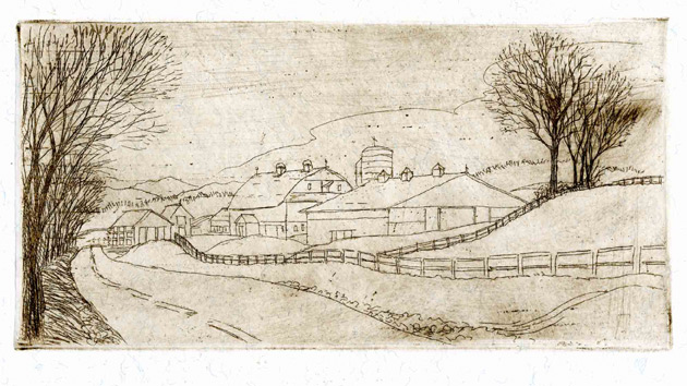 Etching illustrating a wintry landscape of a horse farm  in Dutchess County, NY.