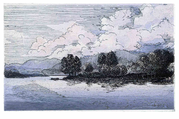 Color etching illustrating clouds  over Hudson river with trees, hills and mountains in Mid Hudson Valley, Dutchess NY