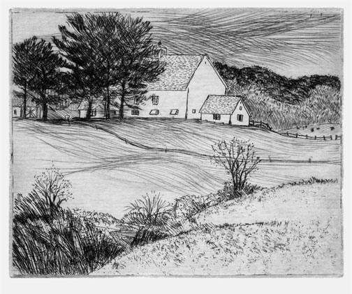 Etching with dry point, illustrating a farm in a hilly meadow with trees and hills in Millbrook, Dutchess County, NY.