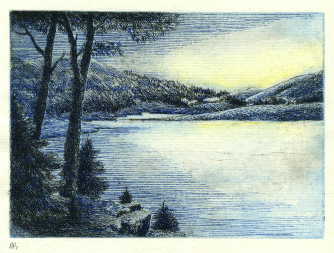 Color Etching illustrating a  sun rise viewed from a wooded ledge overlooking a large pond encircled with forested hills and mountains in Dutchess County, NY.