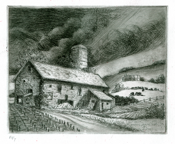 Etching with dry point illustrating an old barn in stormy setting and cows grazing on a hill in the background in Dutchess County, NY.