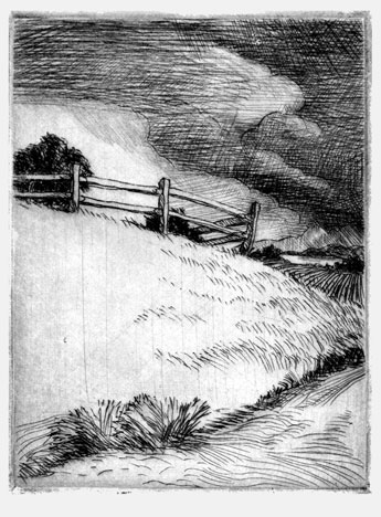 Etching with Dry point , illustrating a fence on a hill with cloud and mountain in the background in Dutchess County, NY.