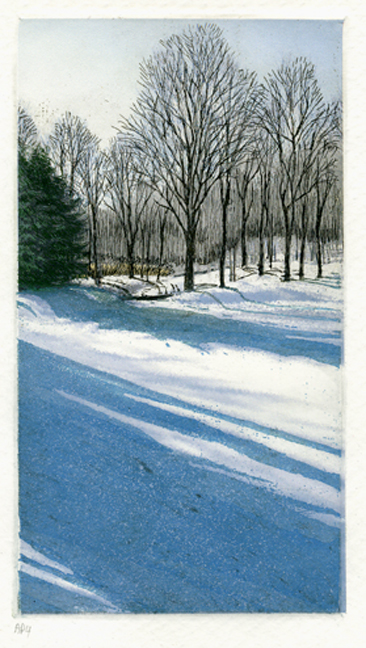 Etching with mezzotint and digital colored background  illustrating bare trees in snow casting cold long shadows in Dutchess County, NY.Etching with mezzotint and digital colored background  illustrating bare trees in snow casting cold long shadows in Dutchess County, NY.