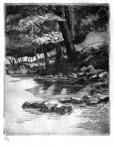 Etching with dry point illustrating a rocky steam in a wooded section of a forest in Dutchess County, NY.