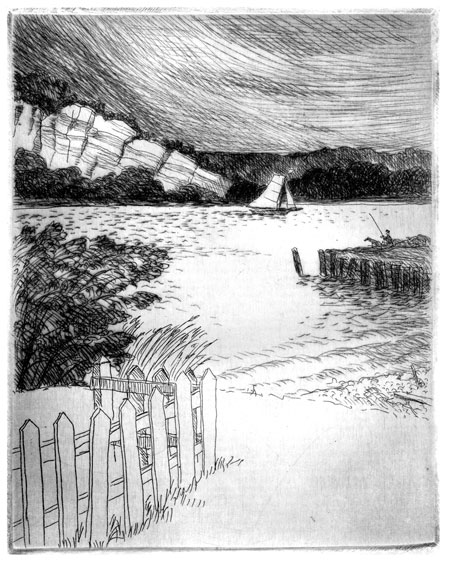 Etching with Dry point , illustrating a Hudson river windy scene with a boat, cliffs and mountain in the background Dutchess County, NY.