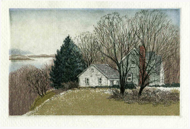 Color etching illustrating a winter landscape of a house overlooking the Hudson river with mountains in the background in Mid-Hudson valley, NY.