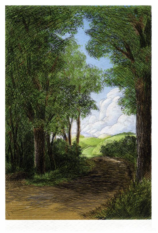 Color etching illustrating hills of Dutchess County, NY, with towering clouds viewed through a forest path.