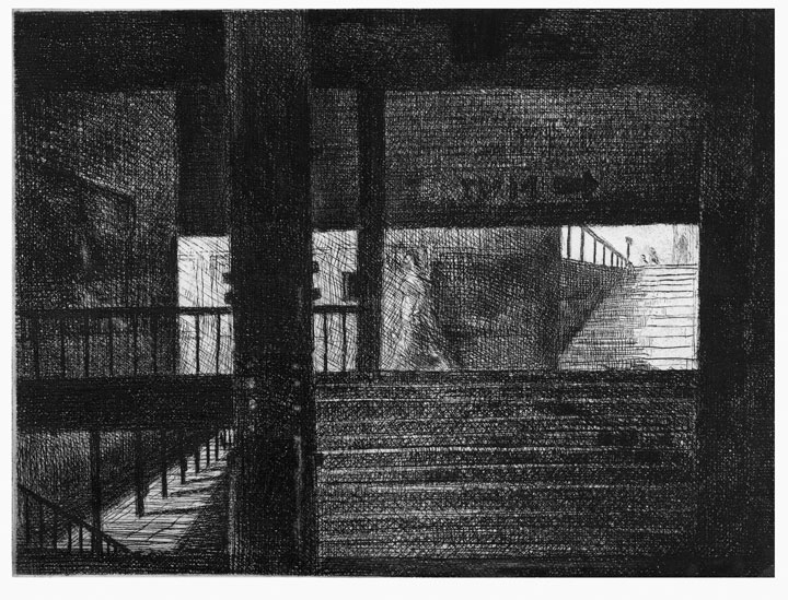 Etching illustrating inside a subway station in NYC with view of a platform and a street.