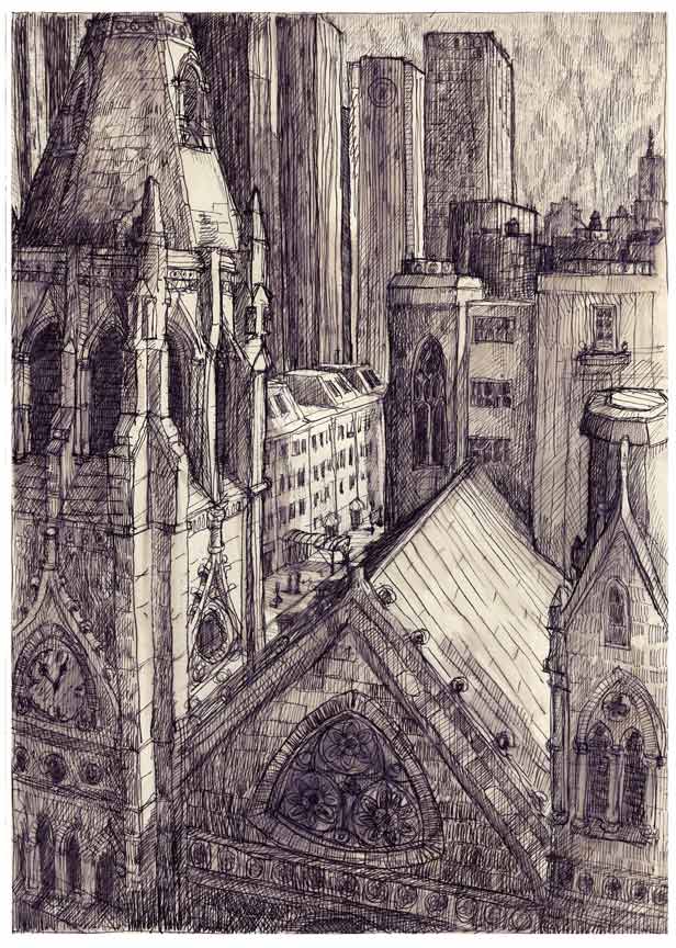 Drawing, pen and wash illustrating a view of midtown manhattan with 5th avenue church in the foreground