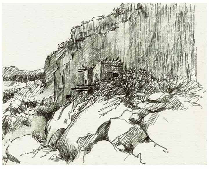 B&w ink drawing illustrating a side of a canyon 