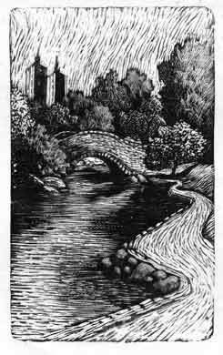 Wood Engraving illustrating a view from Central Park, NYC, with pond, bridge, and tall buildings in the background.  