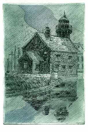 Etching and drypoint with digital color background illustrating a lighthouse in a rainy day setting